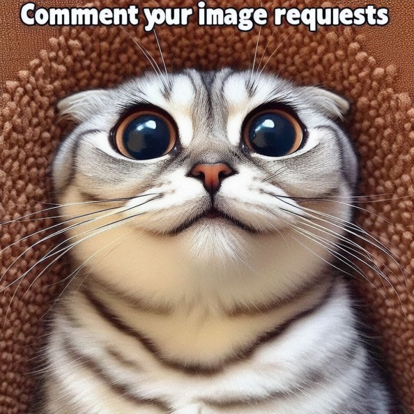 Discover the ultimate in feline humor with our latest AI-generated image featuring a cat with hilariously big eyes making a funny face. Perfectly capturing the essence of comedic charm, this quirky kitty is sure to bring a smile to your face. Set against a simple carpet background, the focus remains on the cat's amusing expression. Above this funny feline, the text Comment your image requests invites you to engage and share your own creative ideas. Whether you're a cat lover or just in need of a good laugh, this image is a delightful addition to any collection. Don't miss out on the fun - join the conversation and let us know what images you'd like to see next! _9b8b29f4-b58e-42f8-bf6b-623e06a5e19f.jpeg
