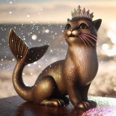 Cheerful Female Mercat with Tiara Sitting on a Sunny Seafront